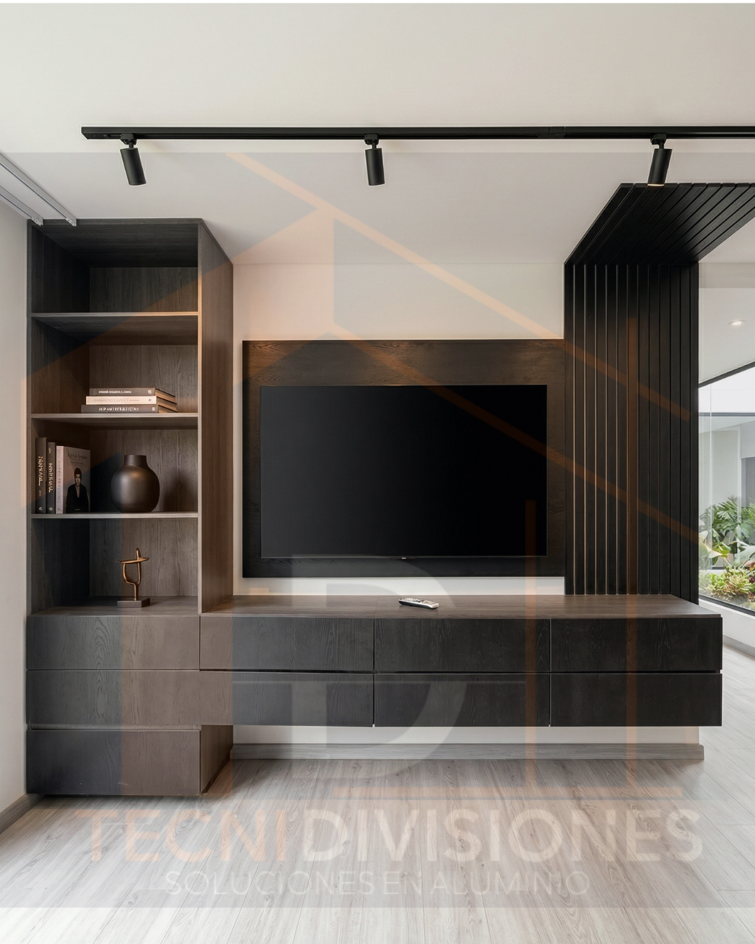 Mueble de televisión a medida en madera oscura con librero, cajones y panel decorativo de lamas para sala residencial en Colombia