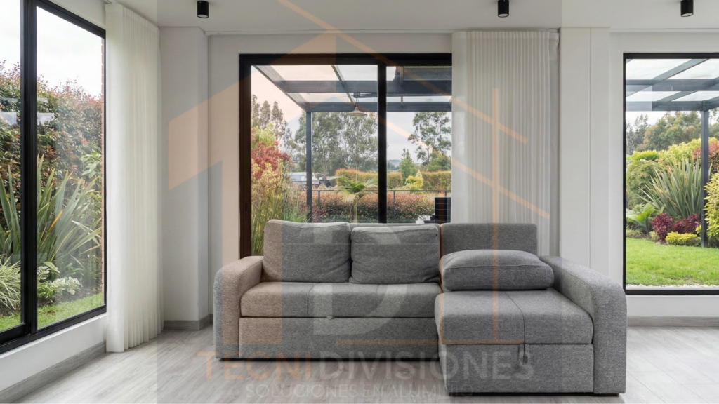 Ventanería en aluminio negro con vidrio transparente piso a techo en sala residencial con vista al jardín en Colombia